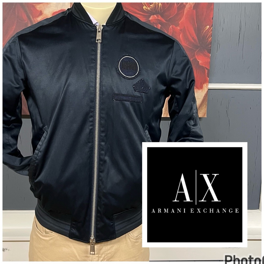 Armani Exchange Bomber Jacket Mens Sz Medium Cotton Blend Stretch Navy‎ Full Zip